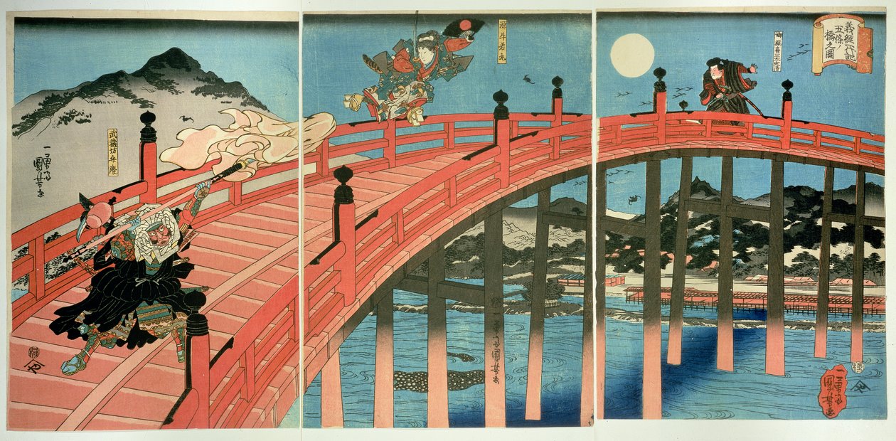Ushiwaka och Benkei slåss på Gojo-bron, publicerad ca 1839 (träblock i färg) av Utagawa Kuniyoshi