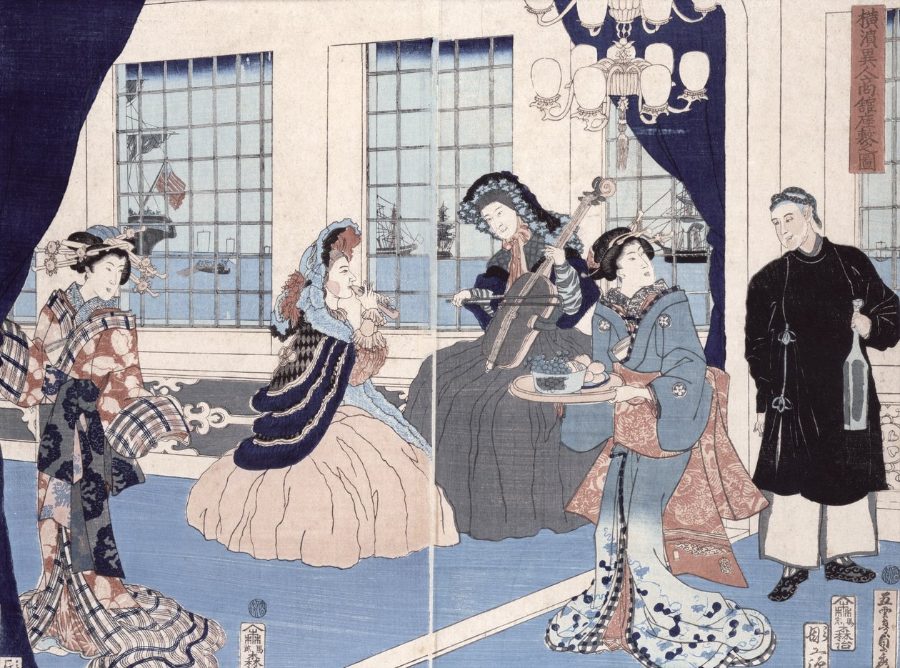 Salongen till ett hus av utländska köpmän i Yokohama, 1861 (trätryck i färg) av Utagawa Sadahide