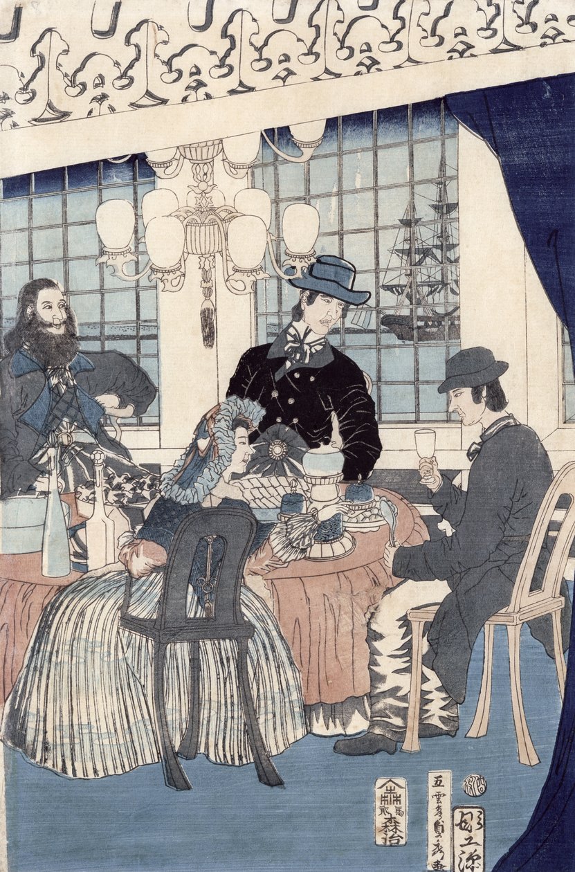Salongen till ett hus av utländska köpmän i Yokohama, 1861 (trätryck i färg) av Utagawa Sadahide