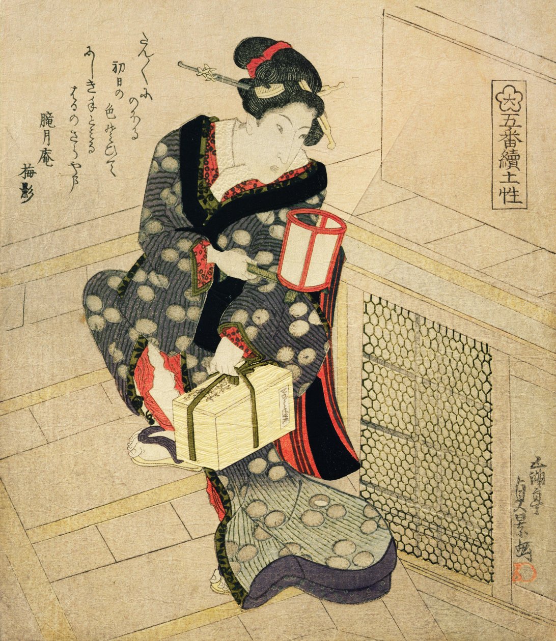Kvinna som klättrar uppför trappan med en lampa och en låda (träblock i färg) av Utagawa Sadakage