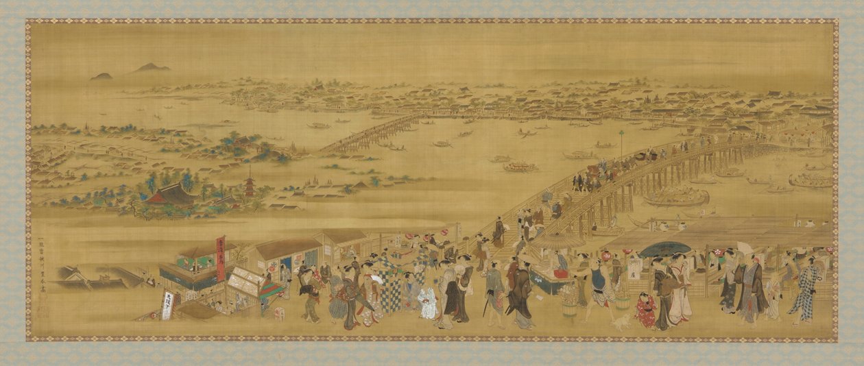 Ryogoku Bridge, Edo Period (färg och guld på siden) av Utagawa Toyoharu