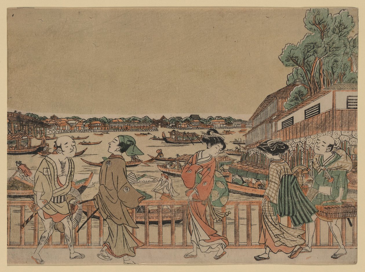 fotgängare som korsar en bro över en flod där det finns båtar av Utagawa Toyoharu