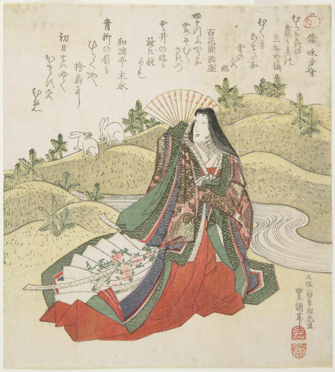 (Hovdamen och två kaniner), januari 1831 av Utagawa Toyokuni