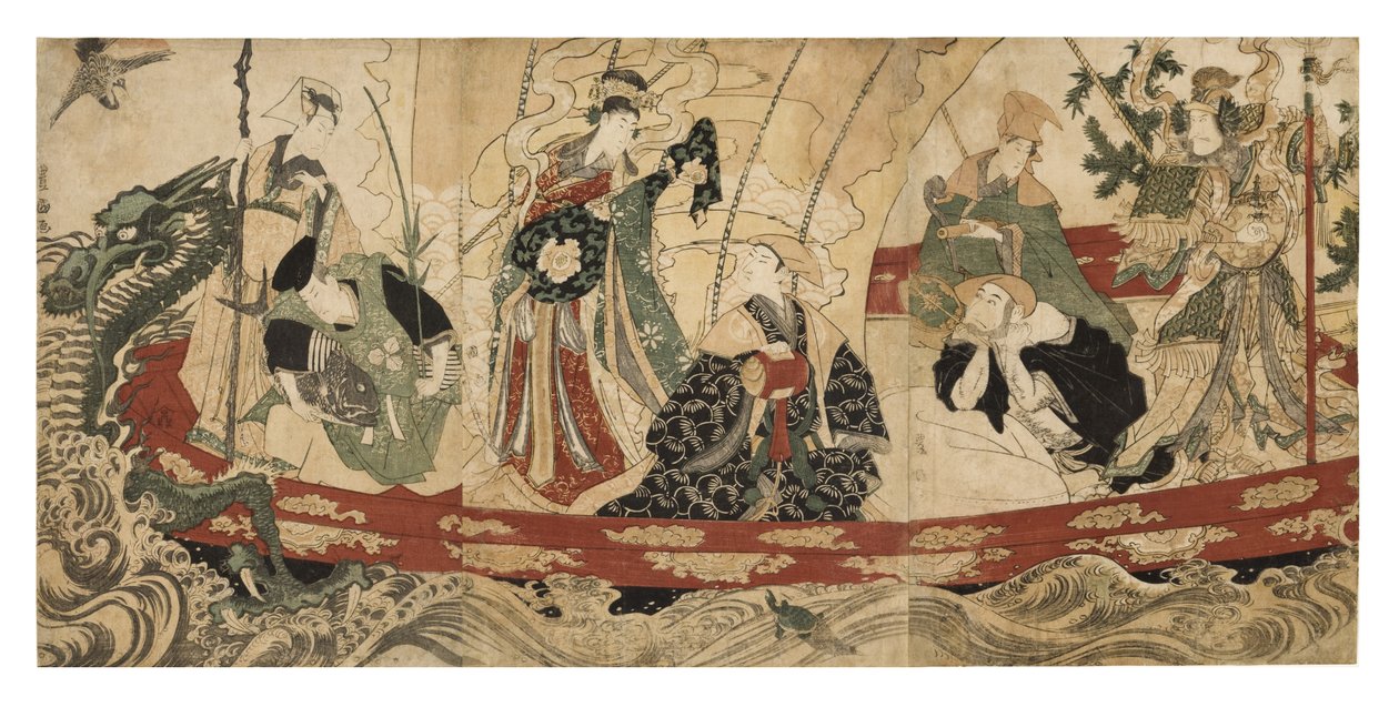 Skådespelare som de sju lyckogudarna på ett skattskepp, 1800-05 (träblock) av Utagawa Toyokuni