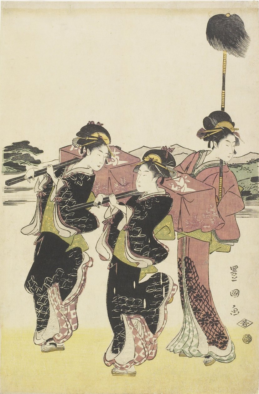 Oiran (högklassisk kurtisan) Reser som en slingrande av Daimyo_procession, sent 1700-tidigt 1800-tal av Utagawa Toyokuni