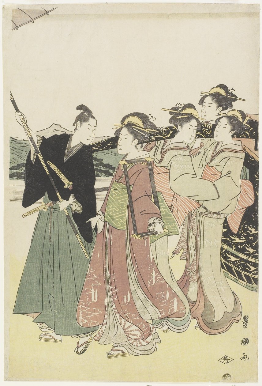 Oiran (högklassisk kurtisan) Reser som en slingrande av Daimyo_procession, sent 1700-tidigt 1800-tal av Utagawa Toyokuni