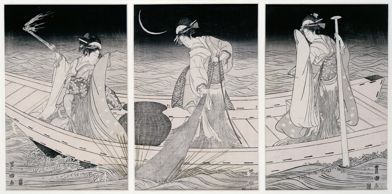 Tre kvinnor på en båt som fiskar med lampljus (trätryck) av Utagawa Toyokuni