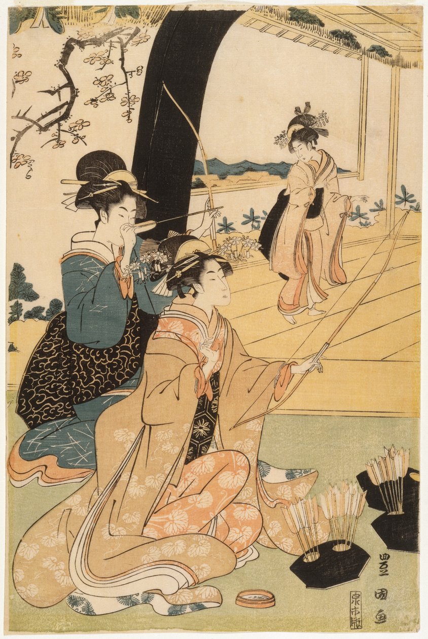 Unga samurajer och kvinnliga skötare som övar bågskytte, halva en diptyk, ca 1800 (trätryck i färg) (par till 499359) av Utagawa Toyokuni