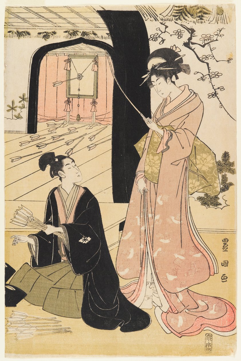 Unga samurajer och kvinnliga skötare som övar bågskytte, halva en diptyk, ca 1800 (trätryck i färg) (par till 499358) av Utagawa Toyokuni
