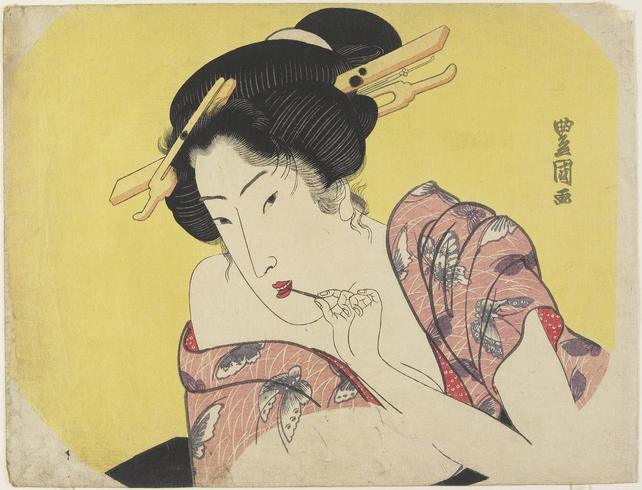 Kvinna som använder en tandpetare, ca 1820 (träblock i färg) av Utagawa Toyokuni