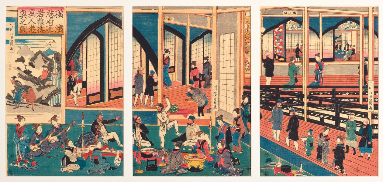 Utlänningar underhållna på Gankiro vid Miyosaki i Yokohama, januari 1861 (träblock) av Utagawa Yoshikazu