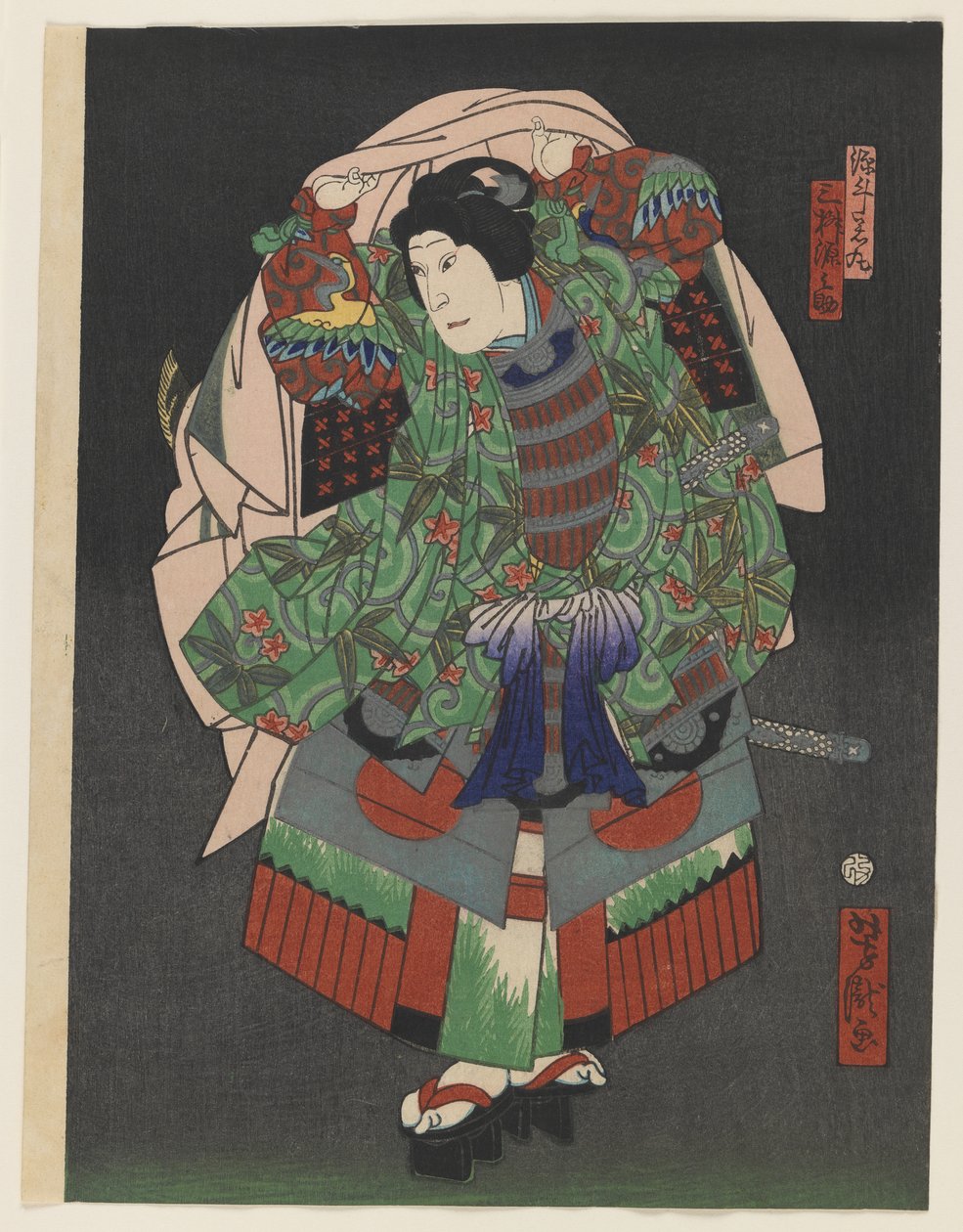 Osaka Kabuki-skådespelaren Gennosuke III, 1868 (trätryck i färg med silver och mässing på papper) av Utagawa Yoshitaki