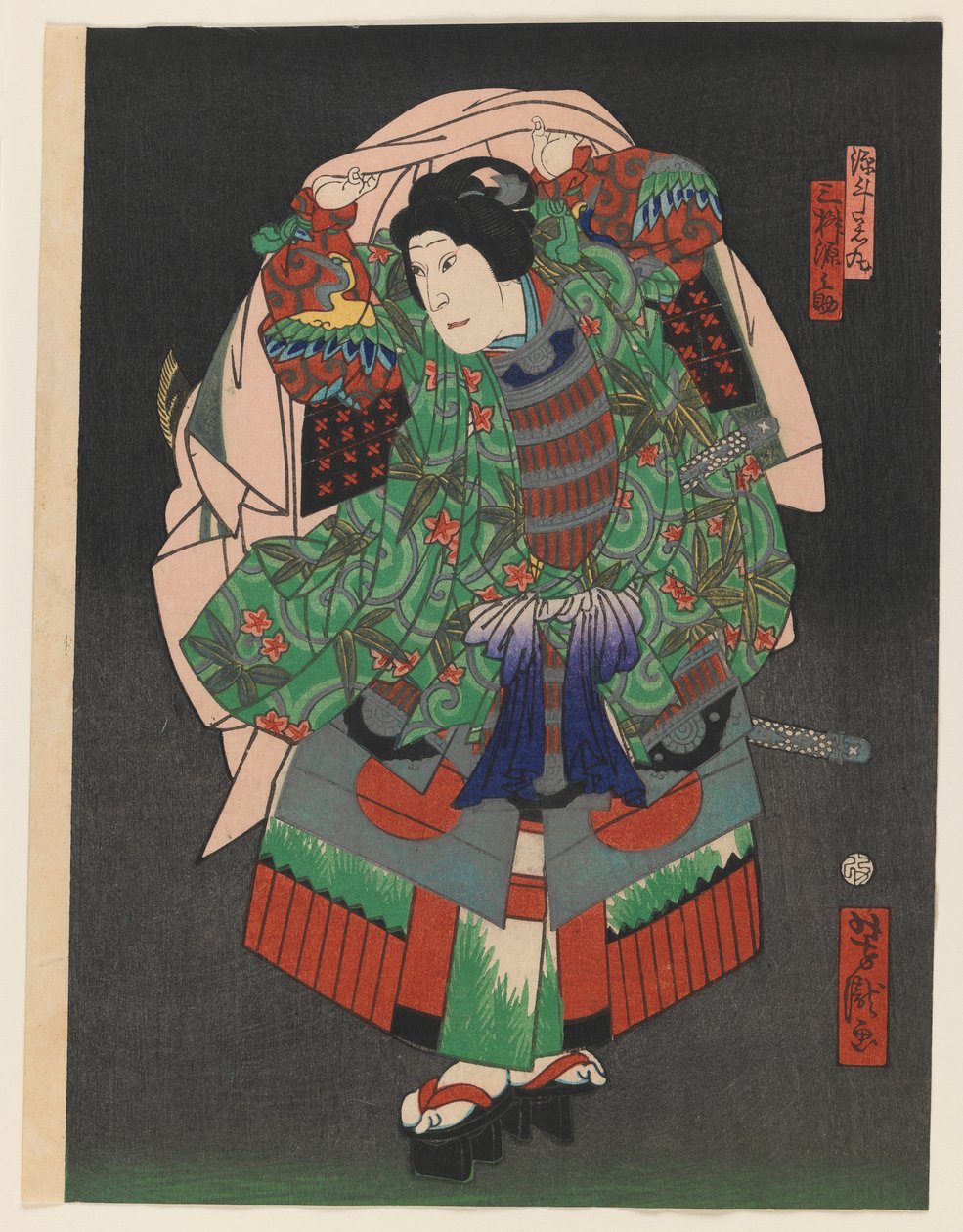Osaka Kabuki Actor Gennosuke III, c.1860 (träblocksfärgtryck med silver och mässing) av Utagawa Yoshitaki