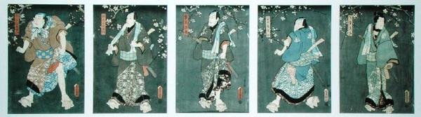 Fem karaktärer från en pjäs av Toyokuni (Pentatych) (se även av Utagawa Kunisada