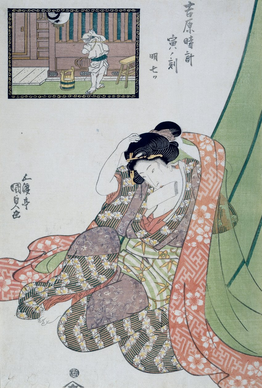 Hour of Dragon, Fifth to Seventh hour of morning, Ca 1818, Ukiyo-e konsttryck av Utagawa Kunisada (1786-1865) från The 12 hours in Yoshiwara, Oban-tate-e träsnitt, 37x24,9 cm av Utagawa Kunisada