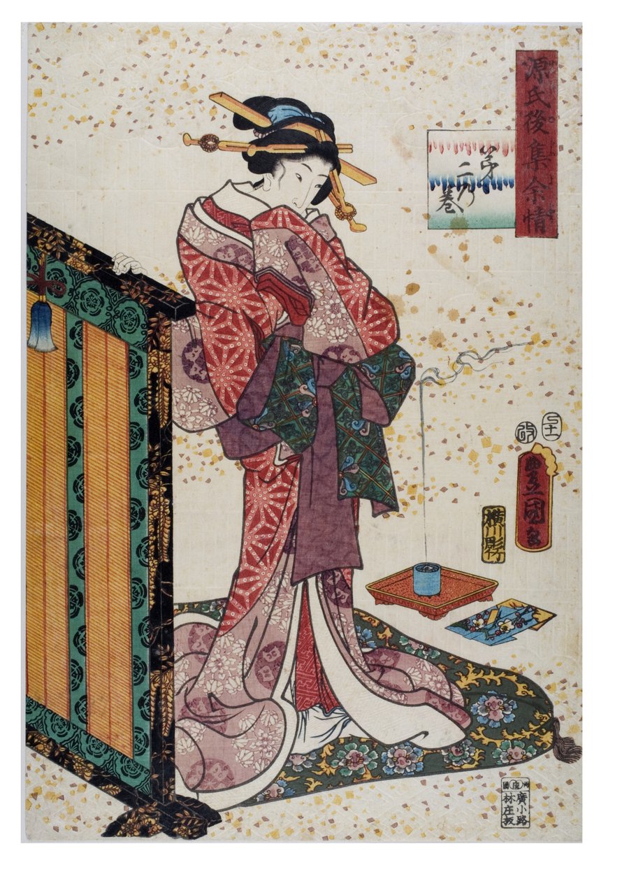 Dam med hand på lackerad skärm, Edo-perioden, ca 1857 (träsnitt på papper) av Utagawa (1786-1865) Kunisada