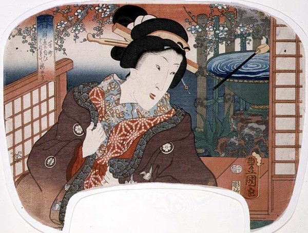 Våren, Yoshi-cho; En geisha i en trädgård, mönster till en fläkt från en serie på fyra som illustrerar årstiderna av Utagawa Kunisada