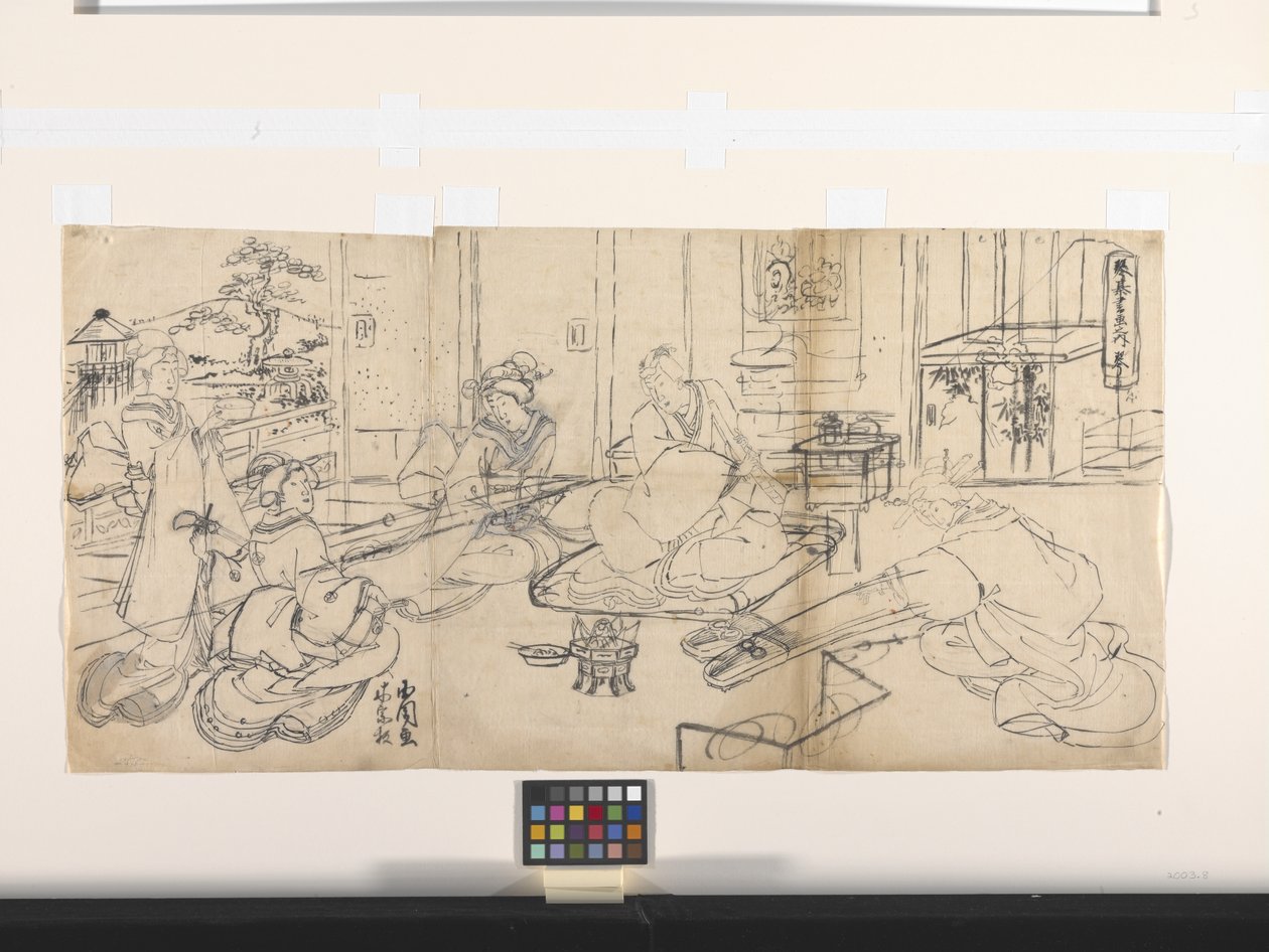 De fyra prestationerna (Music, Go, Kalligrafi, Målning): Musik (Koto) (bläck på papper) av Utagawa (1786 1865) Kunisada