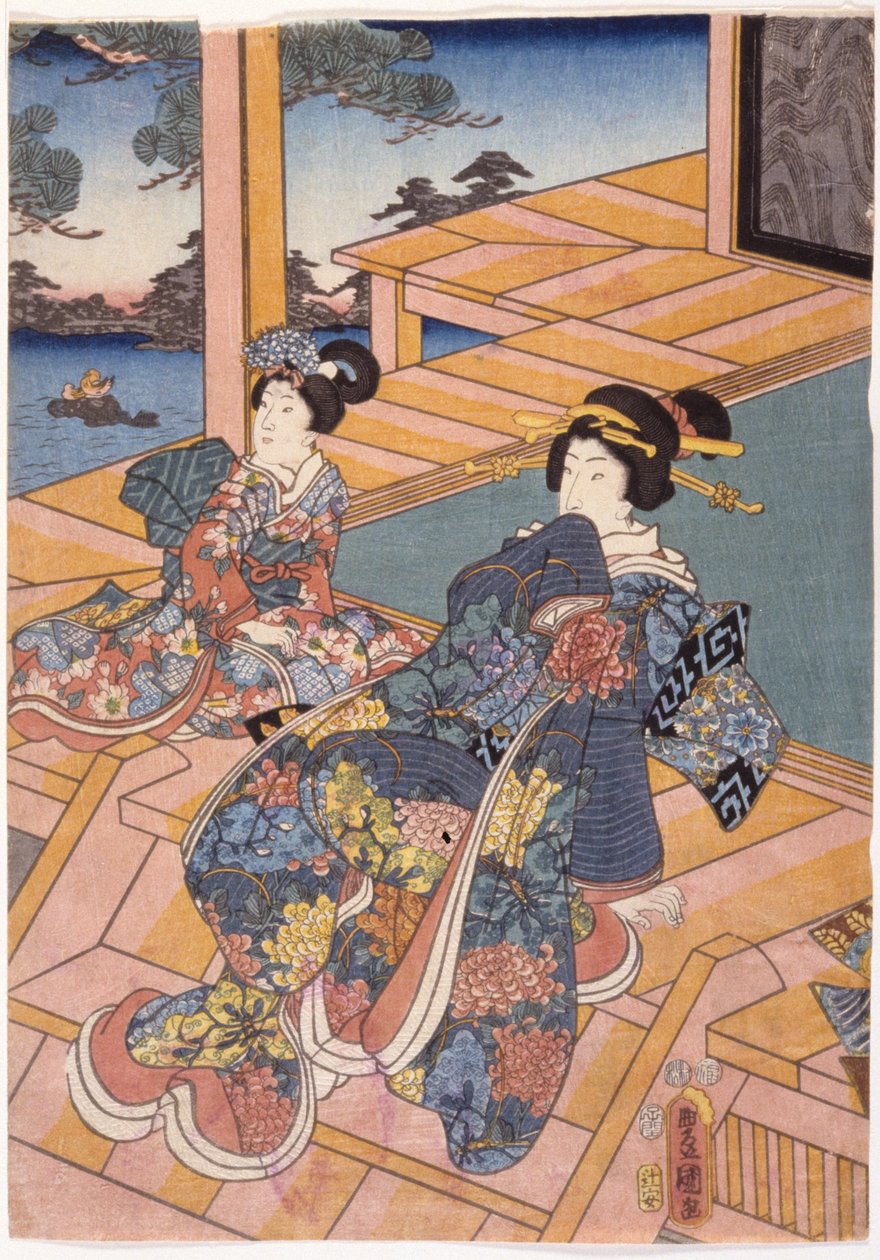 Två damer på en terrass (trätryck i färg) av Utagawa (1786 1865) Kunisada