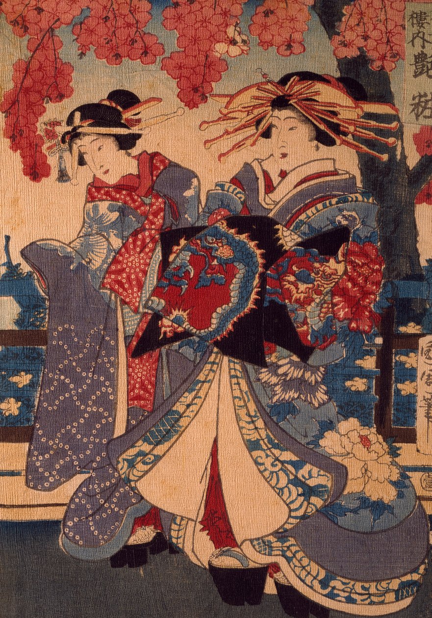 To kvinder i en blomsterhave, af Utagawa Kunisada, træsnit, crepon-teknikker av Utagawa Kunisada