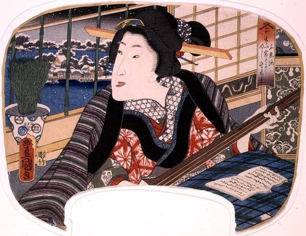 Winter, Shinobazu Pond; En geisha som övar en ballad, design för en fläkt från en serie på fyra som illustrerar årstiderna av Utagawa Kunisada