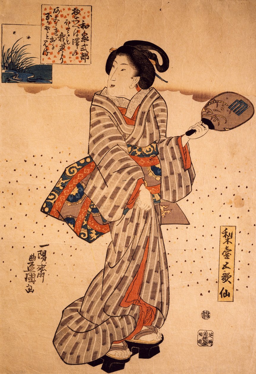 Kvinna med en stel fläkt, av Utagawa Kunisada, träsnitt, nishiki-e-teknik av Utagawa Kunisada