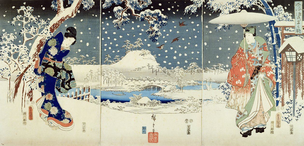 Snöbild i trädgården på en Daimyo (triptyk) av Utagawa  Hiroshige and Kunisada