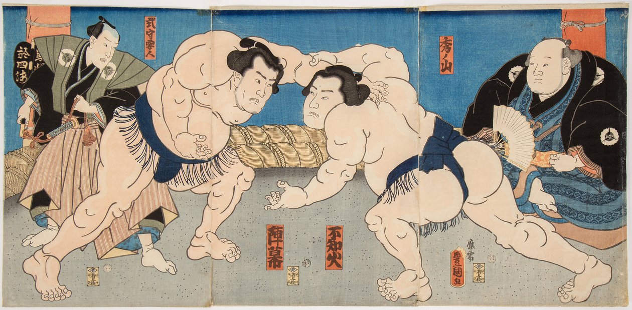 Combat des lutteurs de sumo Shiranui et Jimmaku. Estampe de Utagawa Kunisada (1786-1865), vers 1860 --Brottningsmatch Shiranui vs Jimmaku, av Kunisada (Toyokuni III), Utagawa (1786-1865). Färgträsnitt av Utagawa Kunisada