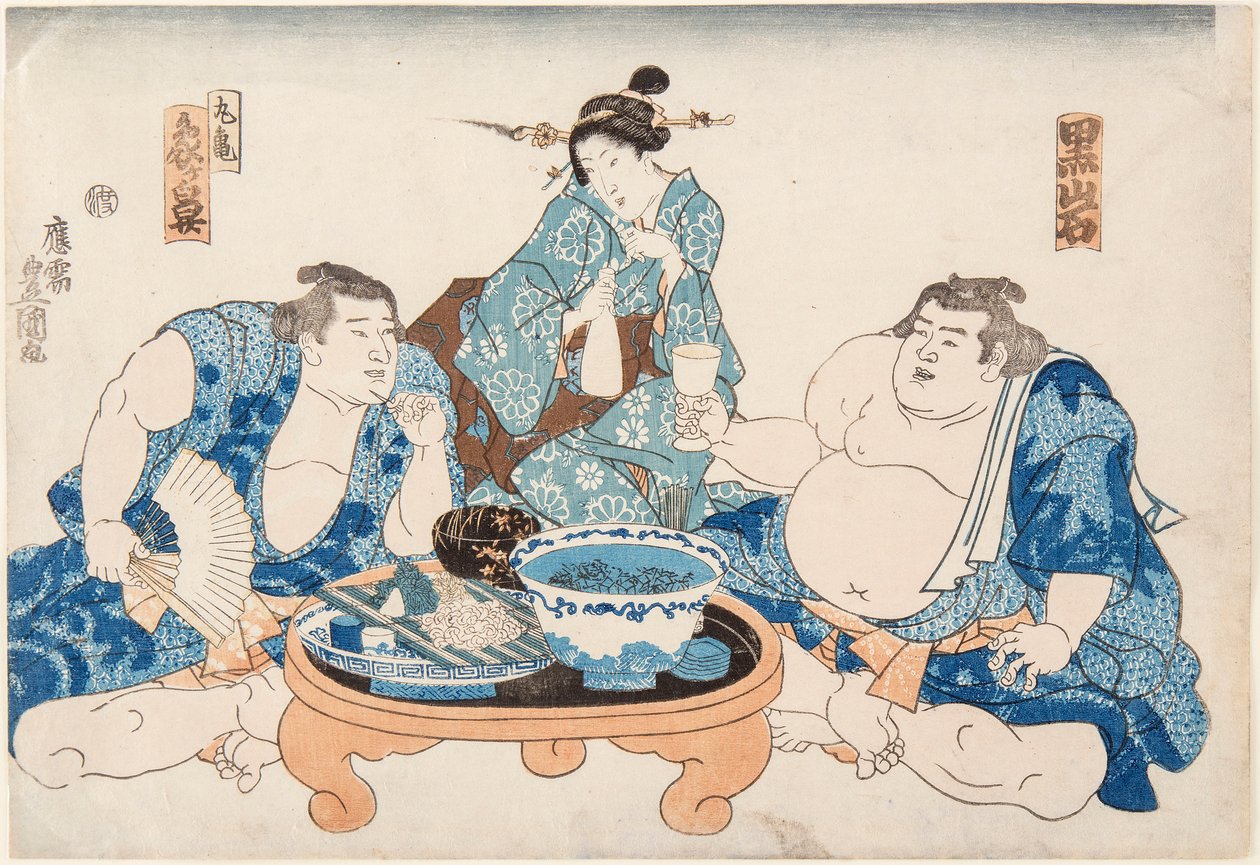 Sumobrottare Kuroiwa och Zogahana med en geisha. Tryck av Utagawa Kunisada (1786-1865) av Utagawa Kunisada