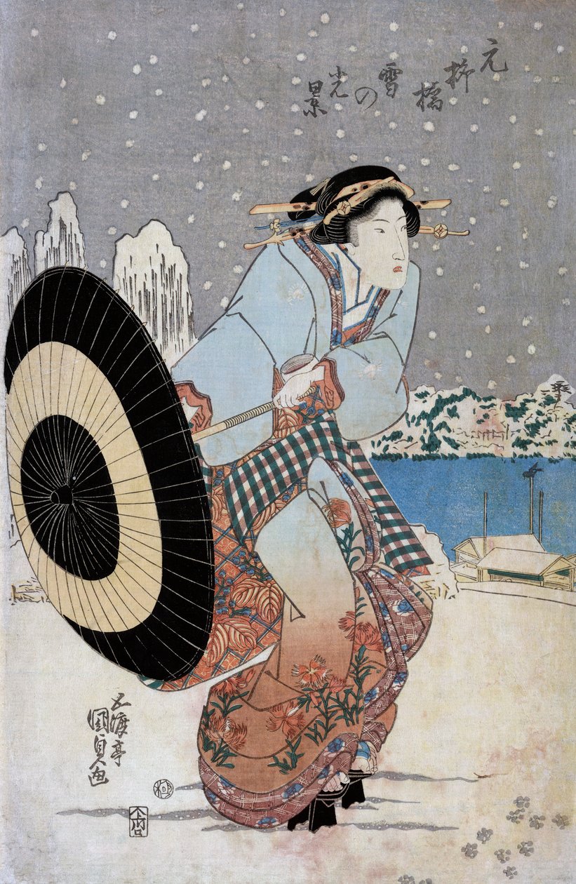 Night Snow Scene vid Motonoyanagi Bridge, ca 1825 (träblocktryck) av Utagawa Kunisada