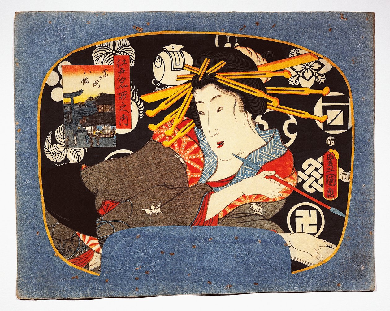 Courtesan med lång pipa, Hachiman tempel infällt till vänster av Utagawa Kunisada