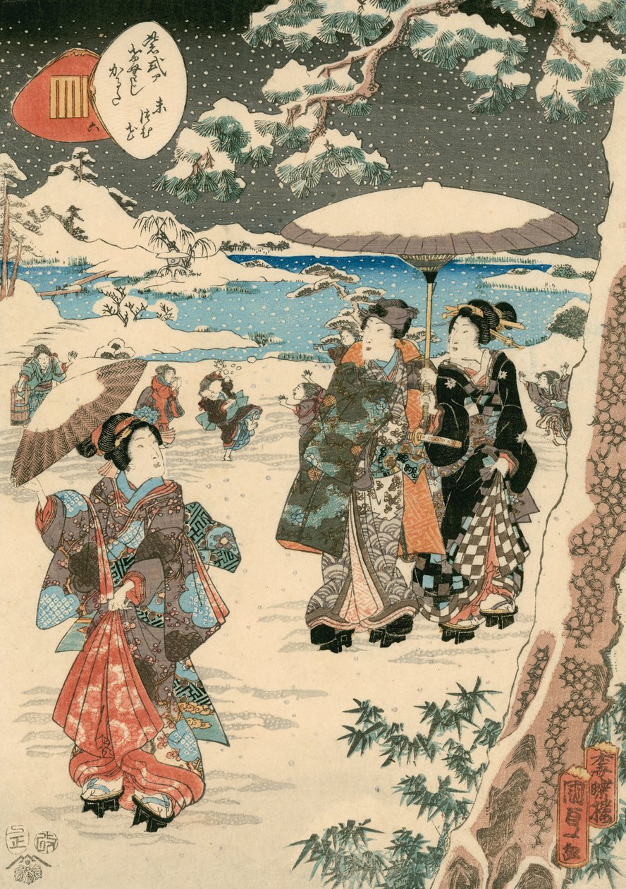 Figurer med parasoller i snö (En scen ur Sagan om Genji) (träsnitt i färg på papper) av Utagawa (1786 1865) Kunisada