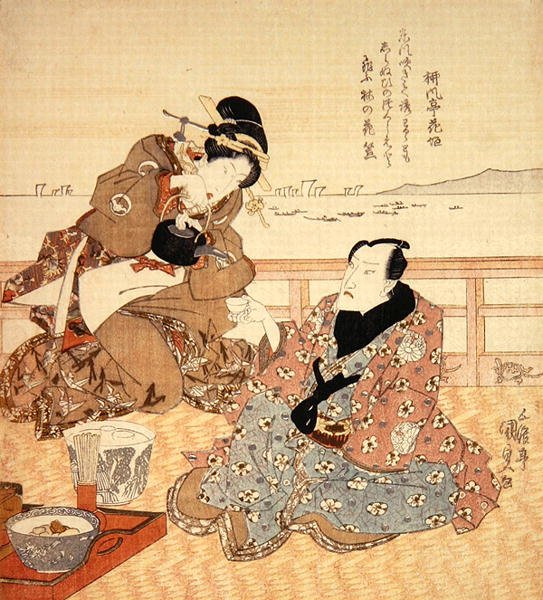 Onoe Kikugoro III tar te på Shinagawa, ca 1825 (färgat träblock) (se även 282741) av Utagawa Kunisada