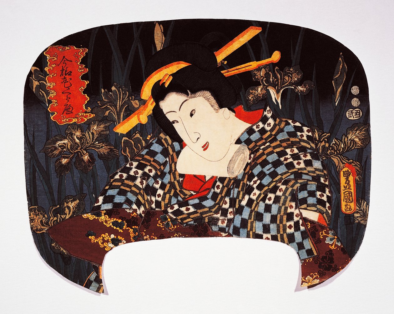 Porträtt av kurtisan med iris i bakgrunden av Utagawa Kunisada