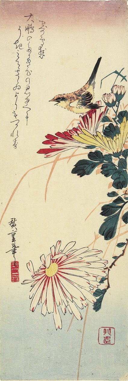 (Krysantemum och en hök), 1830-1858 av Utagawa Hiroshige