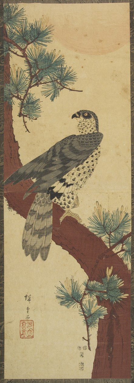 (Hawk on Pine Branch, Summer), september 1853 av Utagawa Hiroshige