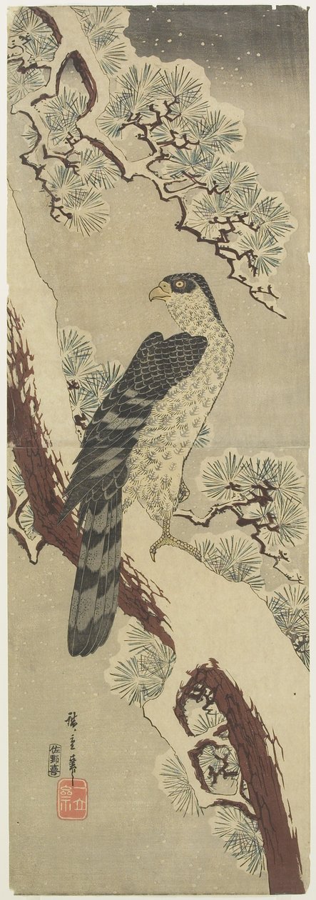 (Hök på Pine Branch, vinter), tidigt 1800-tal av Utagawa Hiroshige