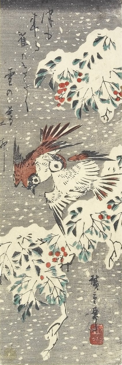 (Himmelsk bambu och sparvar i snö), 1830-1858 av Utagawa Hiroshige