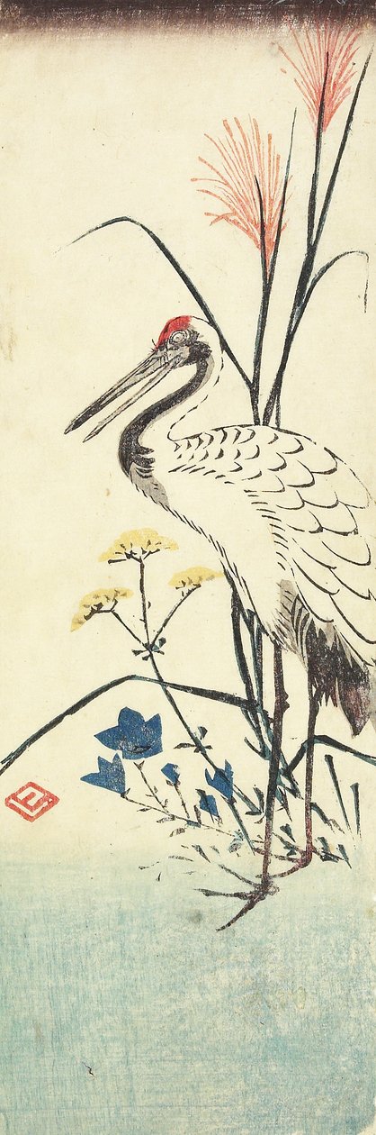 (Pampasgräs, Patrinia, kinesisk klockblomma och en trana), 1830-1858 av Utagawa Hiroshige