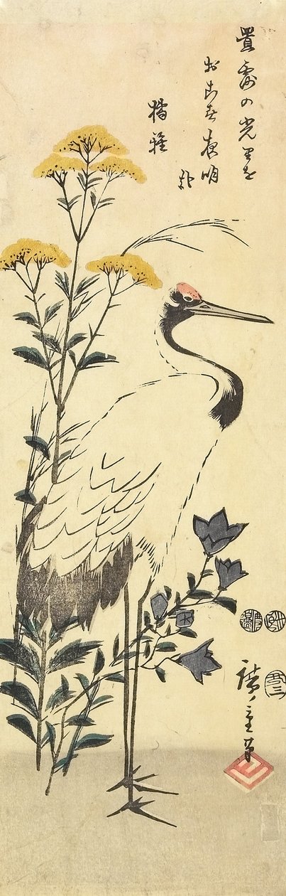 (Patrinia, kinesisk klockblomma och en trana), mars 1853 av Utagawa Hiroshige
