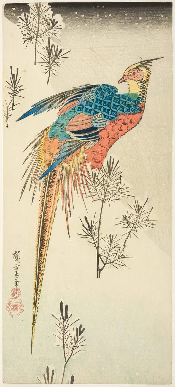 En guldfasan uppflugen på en brant snöig sluttning bland små tallplantor av Utagawa Hiroshige