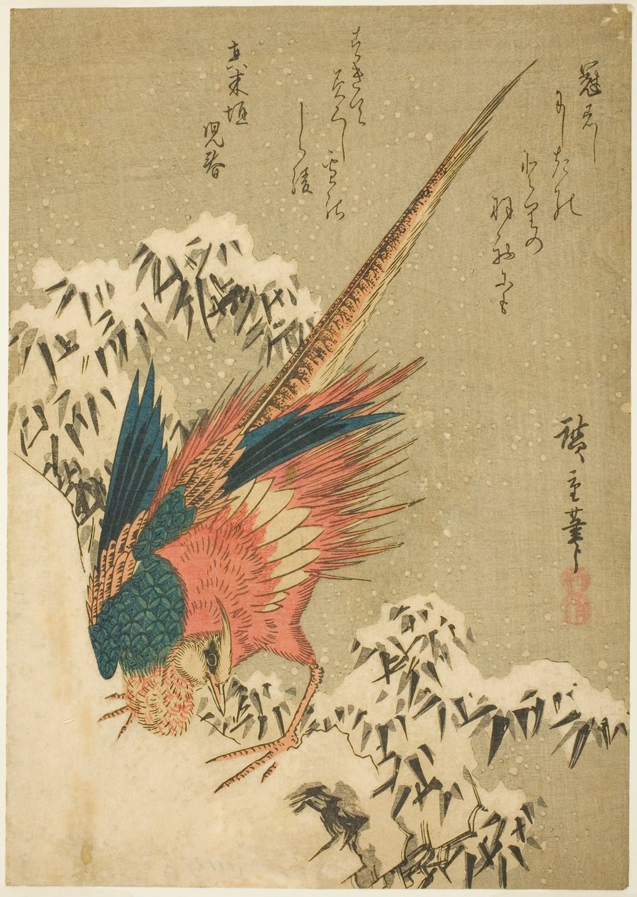 En guldfasan bland snötäckt bambu på en brant sluttning av Utagawa Hiroshige