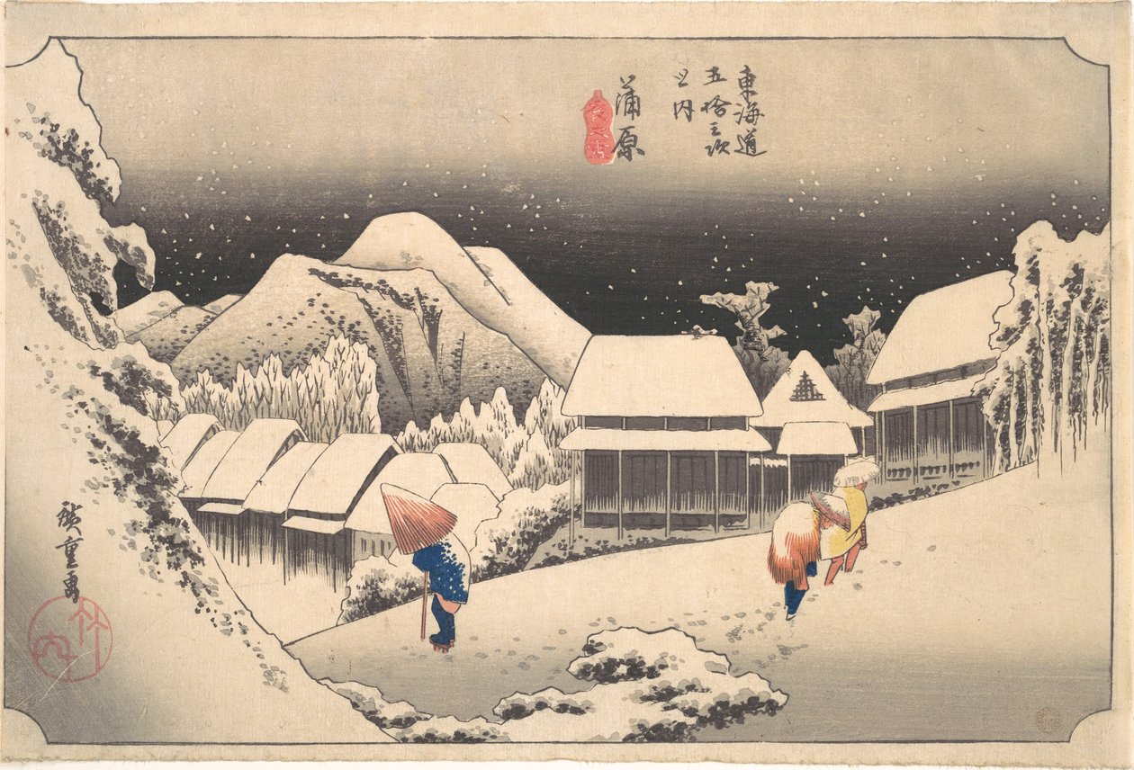 En snöig kväll vid Kanbara station av Utagawa Hiroshige