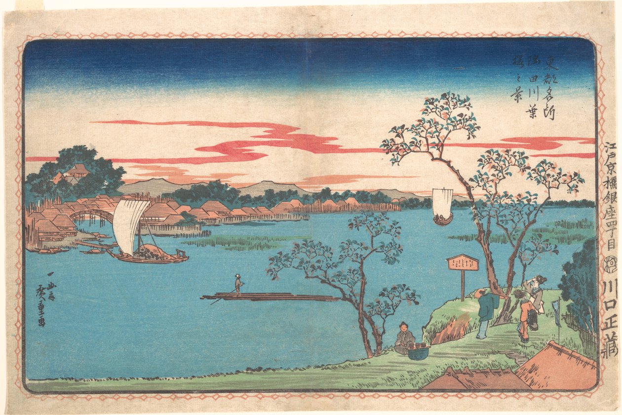 Utsikt över körsbärsträd i löv längs Sumidafloden av Utagawa Hiroshige
