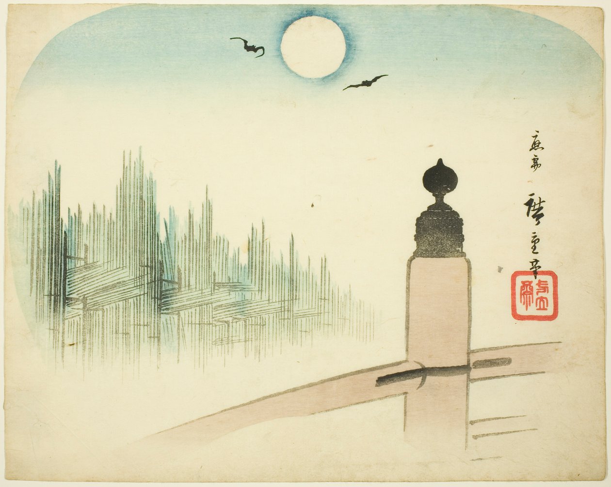En vy av timmergårdar från en bro av Utagawa Hiroshige