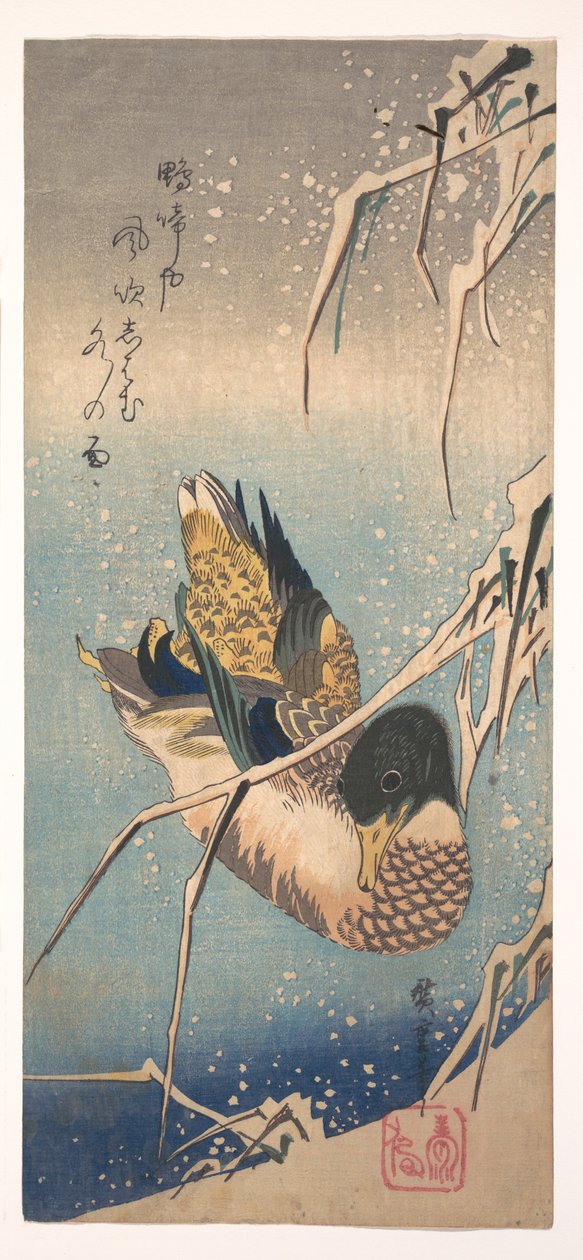 En vildand nära en snötäckt strand av Utagawa Hiroshige
