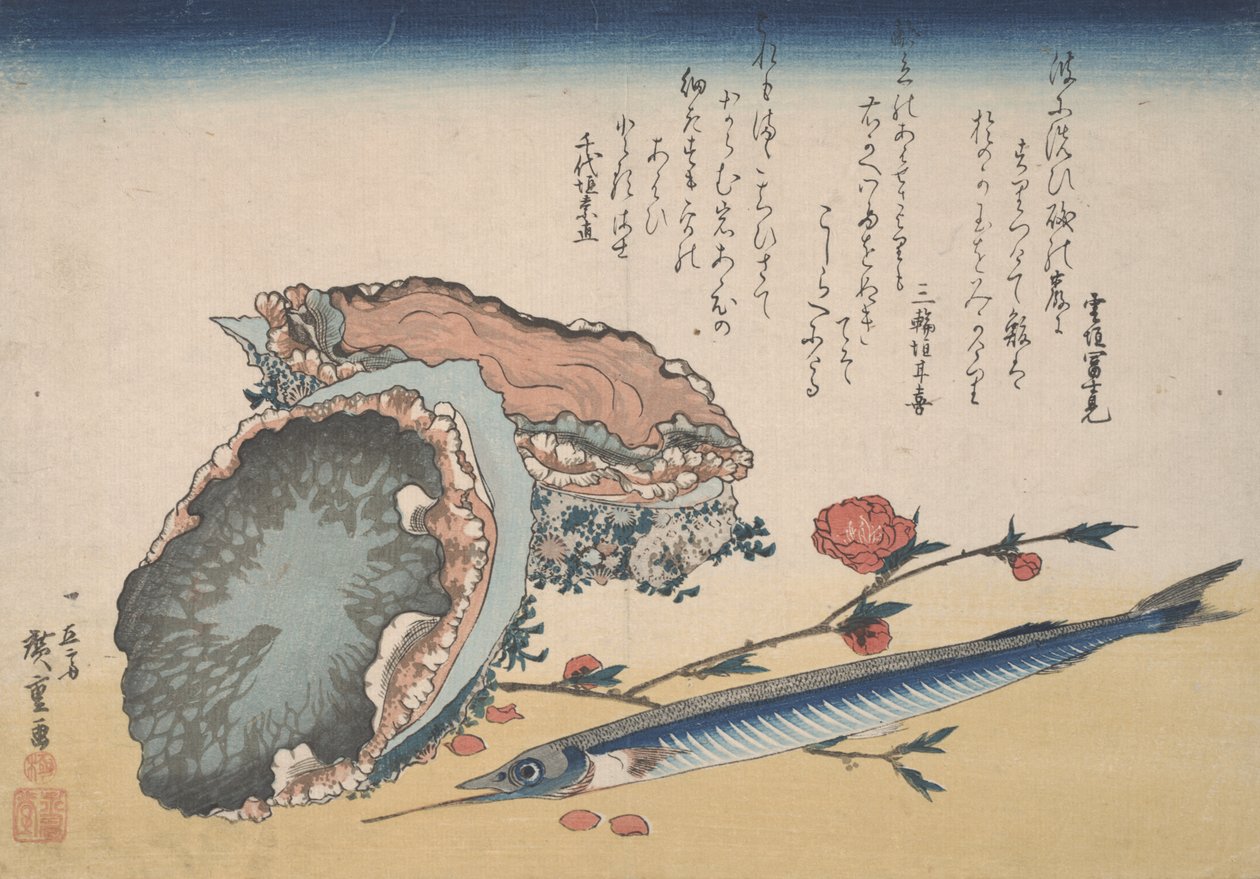 Abalone, Half Beak och Peach blossom av Utagawa Hiroshige