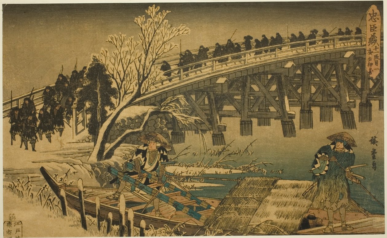 Akt 11, del 1: The Approach to the Night Attack (Juichidanme ichi, yochi oshiyose), från serien "The Revenge of the Loyal Retainers (Chushingura)" av Utagawa Hiroshige