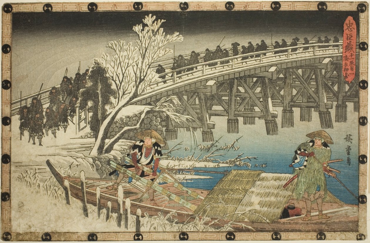 Akt 11, del 1: The Approach to the Night Attack (Juichidanme ichi, yochi oshiyose), från serien "The Revenge of the Loyal Retainers (Chushingura)" av Utagawa Hiroshige