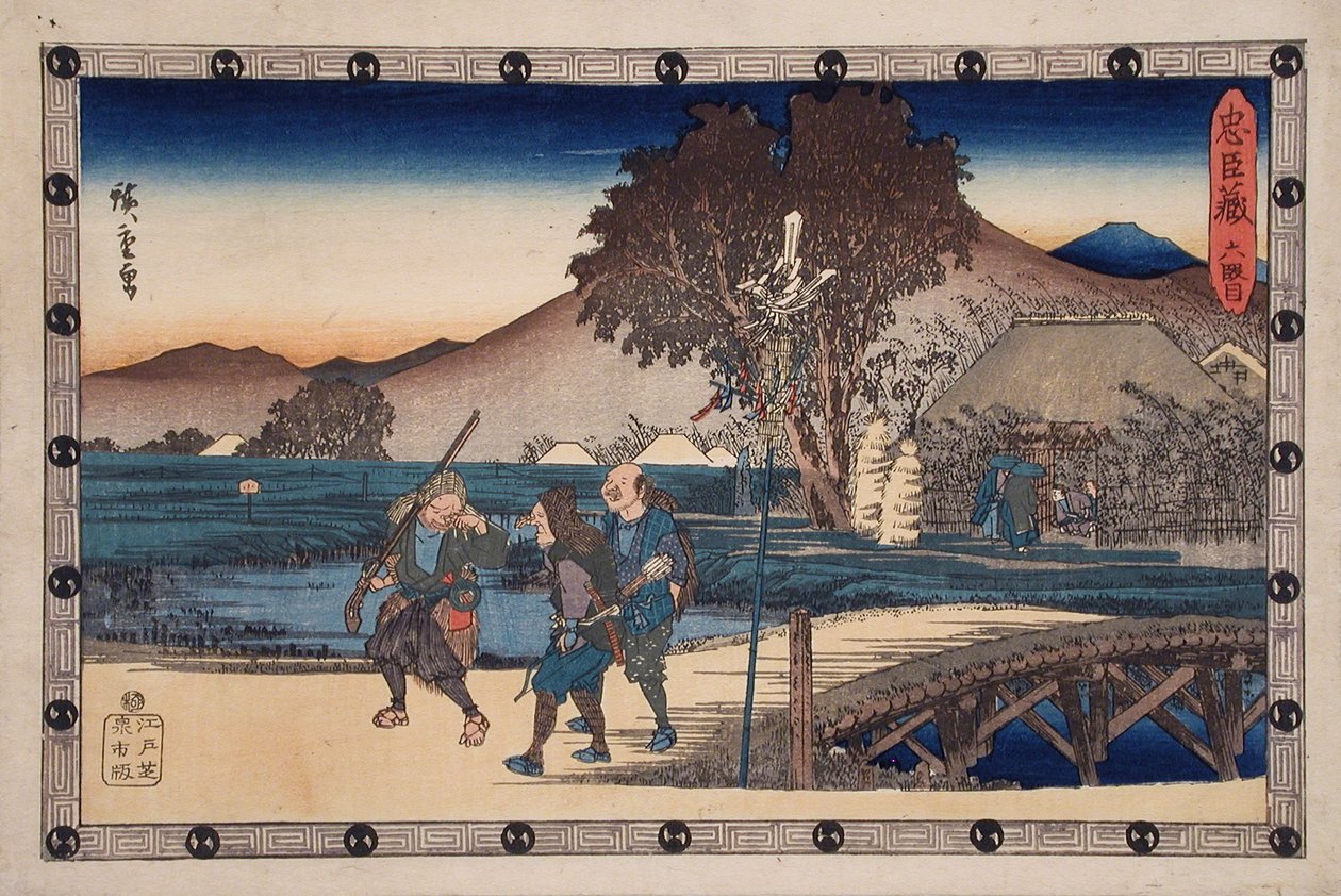 Akt VI: Jägare återvänder efter att ha fört den mördade Yoichibeis kropp till hans stuga av Utagawa Hiroshige